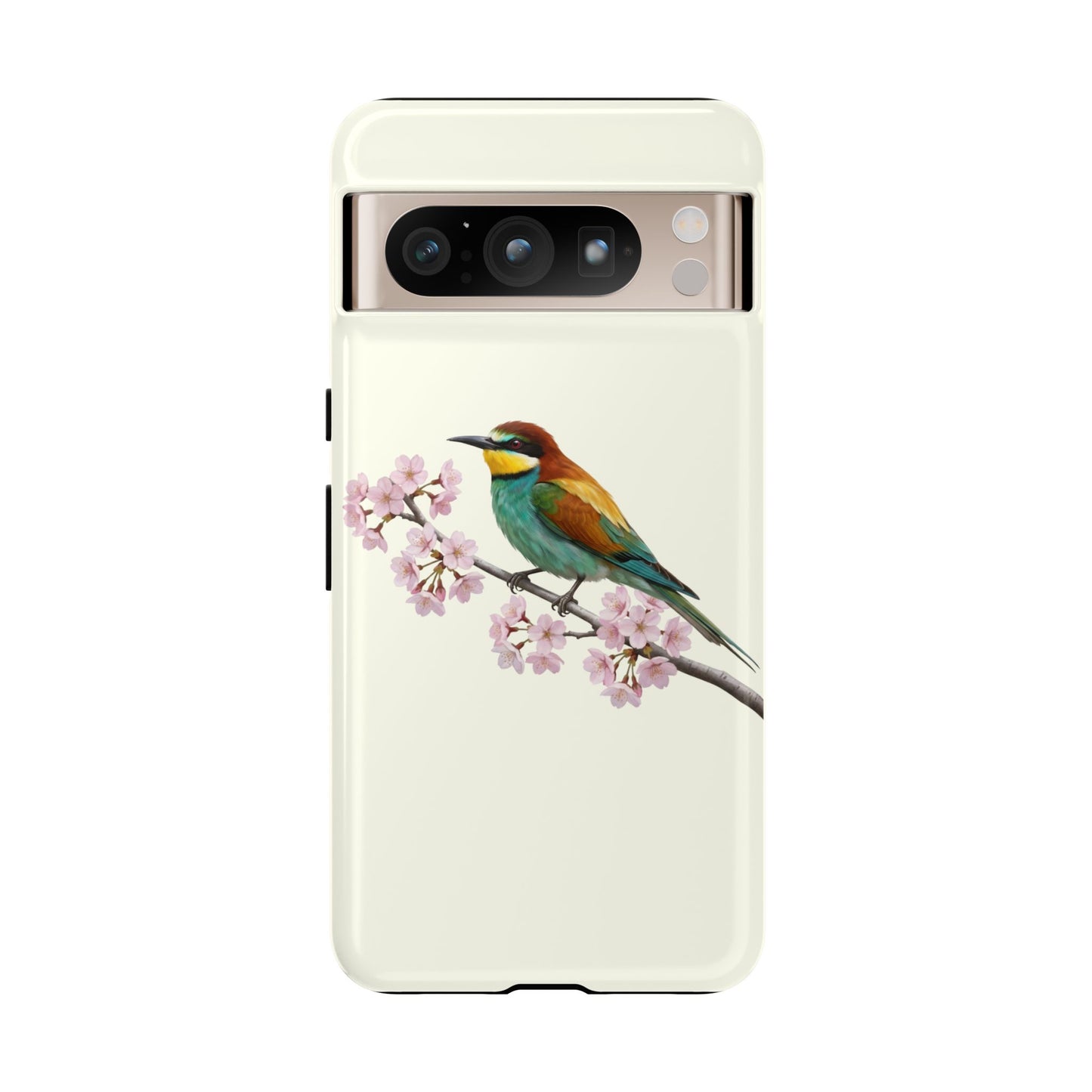 Bienenfresser Handyhülle in Cremeweiß | Florales Kirschblüten Vogel-Motiv für iPhone & Google Pixel