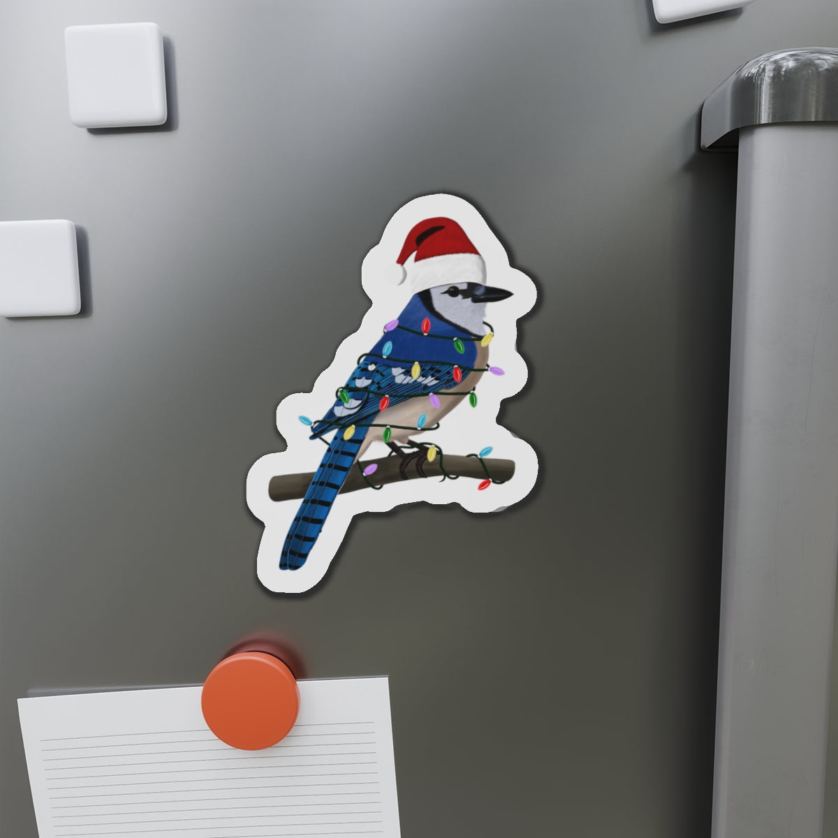 Blue Jay with Fairy Lights and Scarf Christmas Bird Magnet