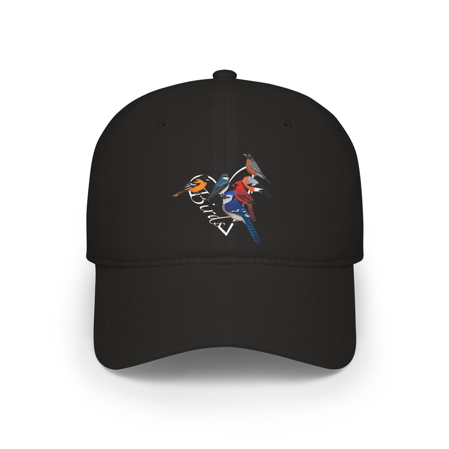 Black cap with colorful bird design on a white background