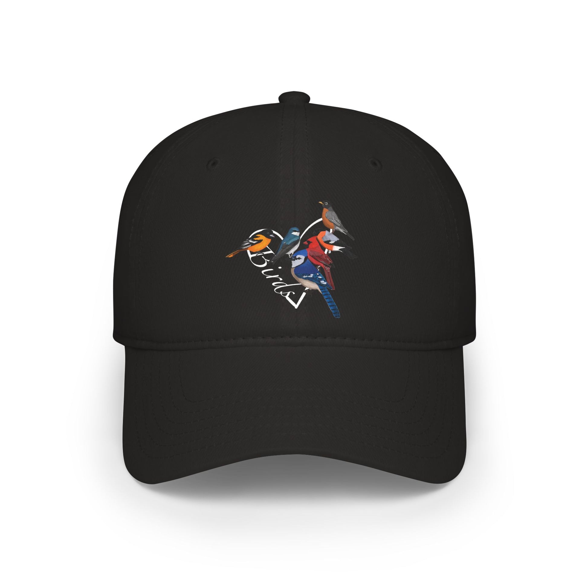 Black cap with colorful bird design on a white background