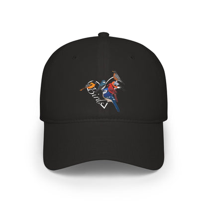 Black cap with colorful bird design on a white background