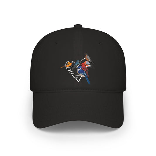 Black cap with colorful bird design on a white background