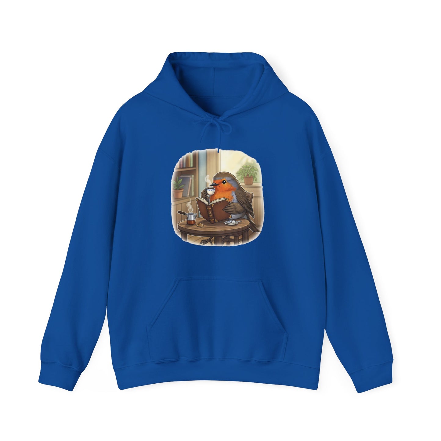Rotkehlchen liest Bücher und trinkt Kaffee Vogel Hoodie - Kapuzenpullover für Vogelbeobachter mit Vogelmotiv