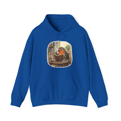 Rotkehlchen liest Bücher und trinkt Kaffee Vogel Hoodie - Kapuzenpullover für Vogelbeobachter mit Vogelmotiv