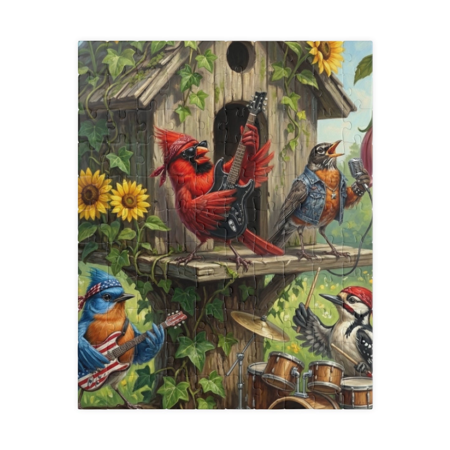 The Backyard Birds Concert Jigsaw Puzzle | Sunflower & Birdhouse Scene Premium Bird Lover Gift (110 - 1014 Pieces) – adult animal