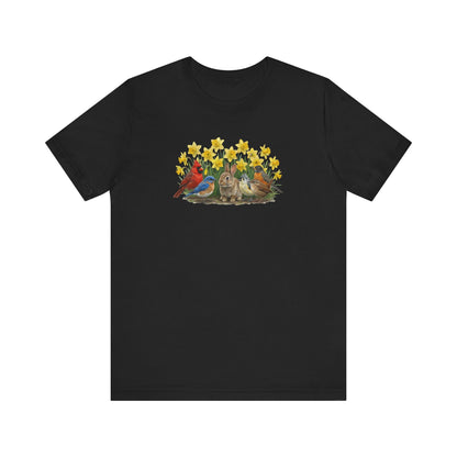 Spring Garden Tee – Bunny, Cardinal & Bluebird | Botanical Easter T-Shirt
