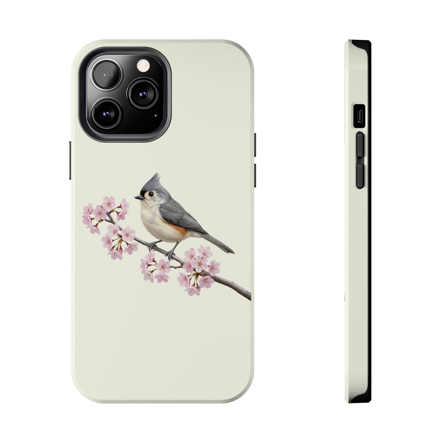 Tufted Titmouse & Cherry Blossom Tough iPhone Case Creamy White
