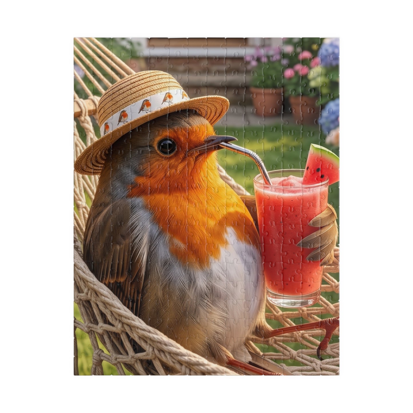 A completed jigsaw puzzle featuring a robin bird wearing a straw hat and sitting in a hammock, holding a glass of pink drink with a watermelon slice, set against a garden background.
