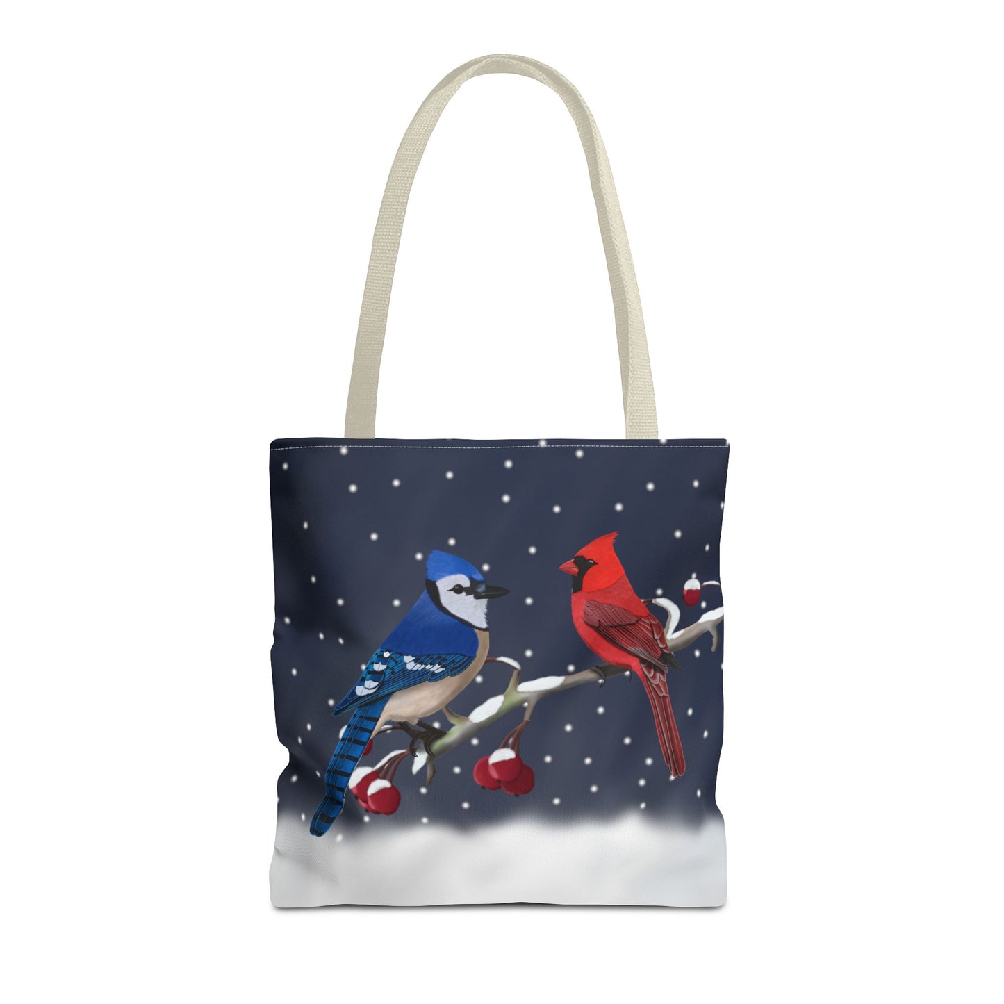 Blue jay and Cardinal on a Winter Branch Christmas Bird Tote Bag 16"x16"