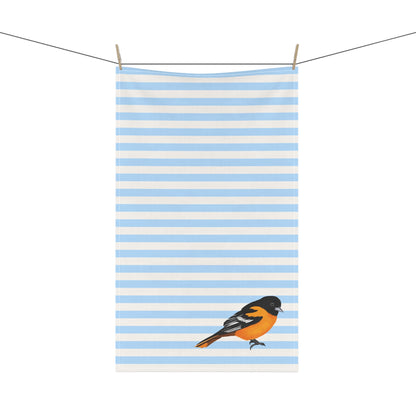 Baltimore Oriole Bird Art Kitchen Towel Blue White 18" × 30"