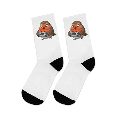 Robin with Gaming Controller Video Games Bird Socks White One Size