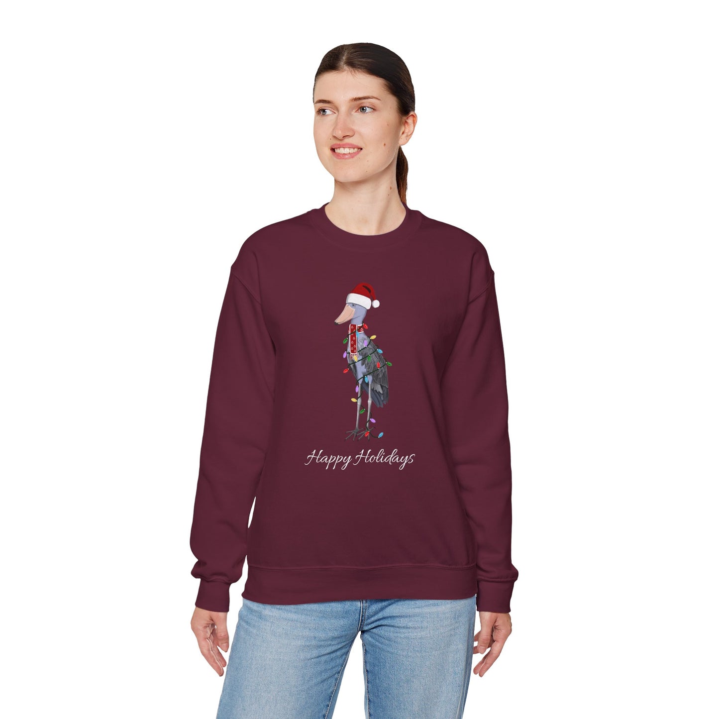 Shoebill with Fairy Lights as Santa Happy Holidays Birdwatcher Christmas Bird Sweatshirt