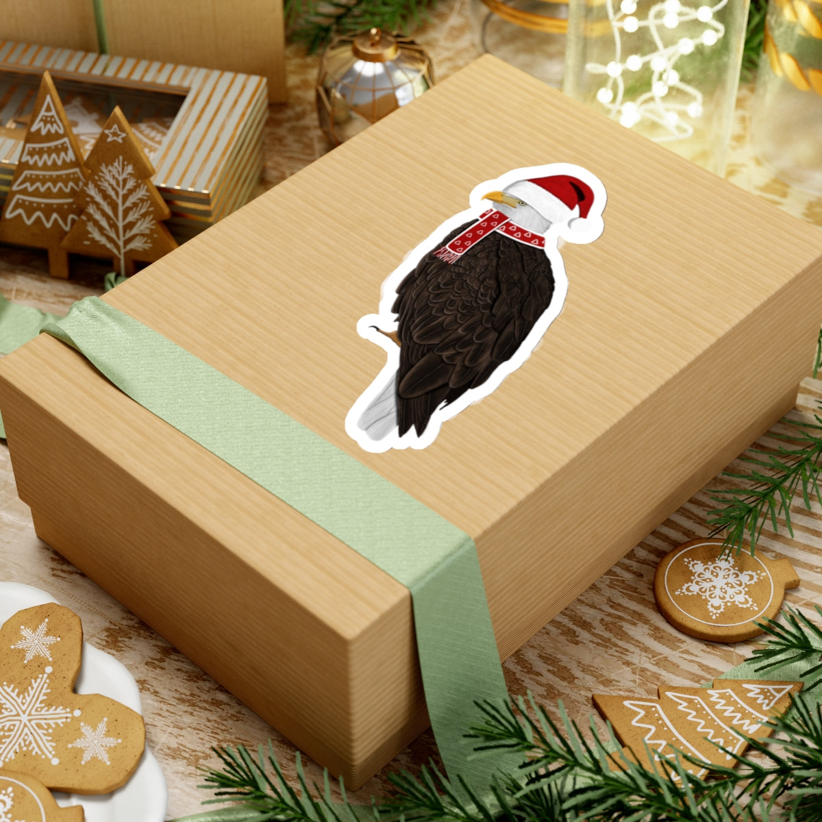 Bald Eagle with Santa Claus Hat and Scarf Christmas Bird Sticker