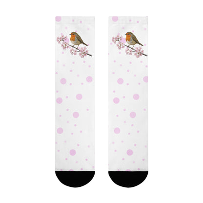 Rotkehlchen Socken mit Kirschblüten | Weiß Rosa gepunktete Vogelmotiv Strümpfe