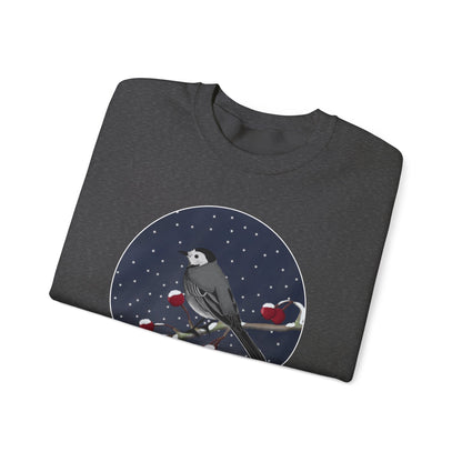 White Wagtail on a Winter Branch Birdwatcher Christmas Bird Sweatshirt