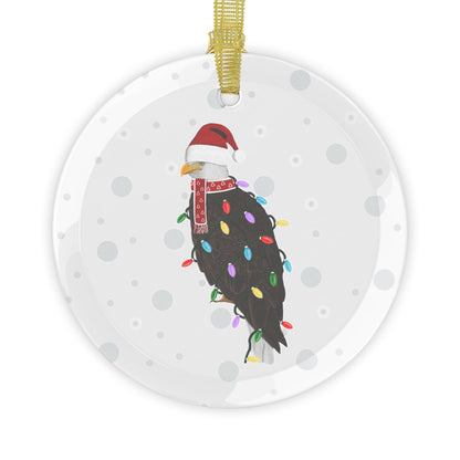 Bald Eagle as Santa Claus with Fairy Lights Christmas Glass Ornament