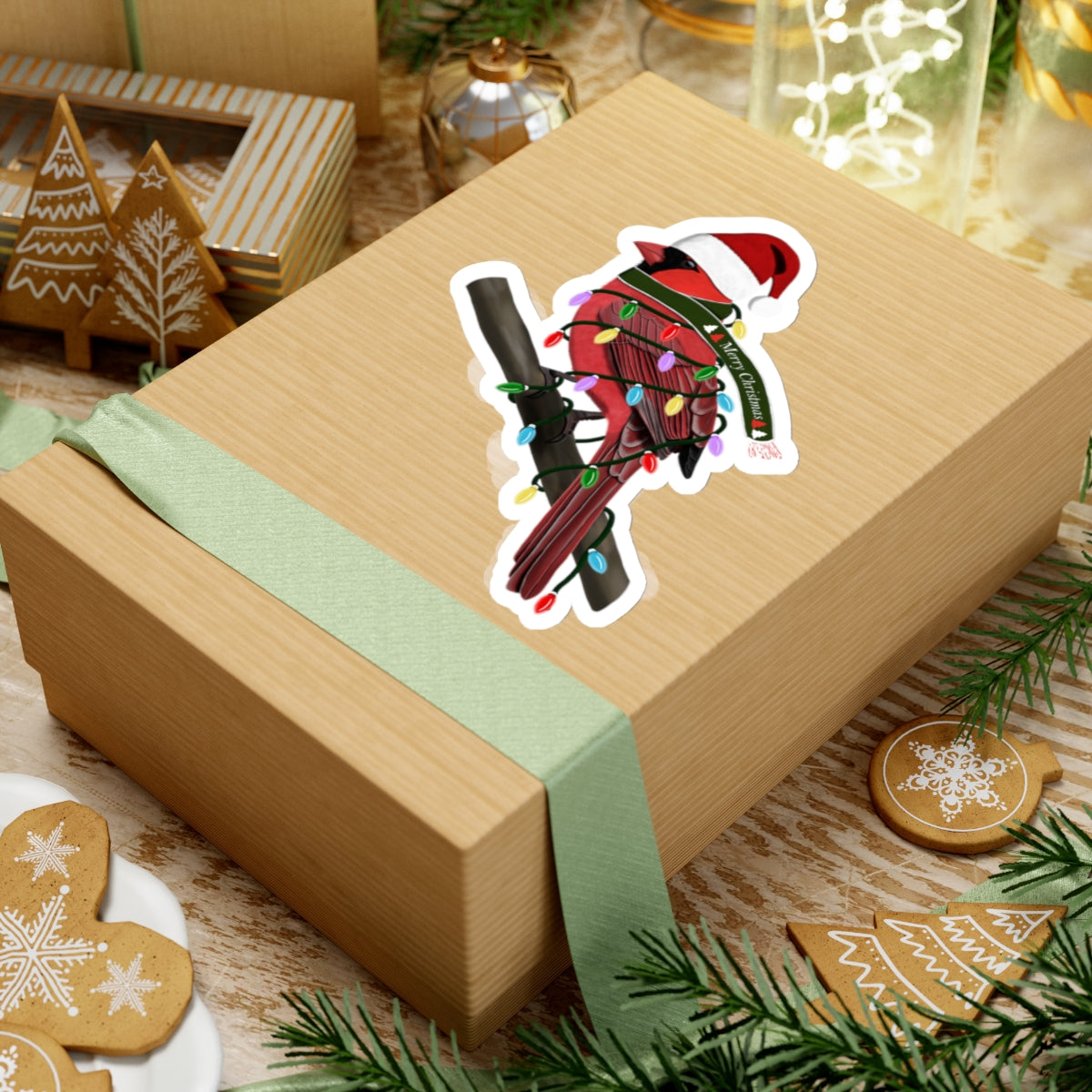 Cardinal with Fairy Lights Santa Claus Hat and Scarf Christmas Bird Sticker