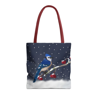 Blue Jay on a Winter Branch Christmas Bird Tote Bag 16"x16"