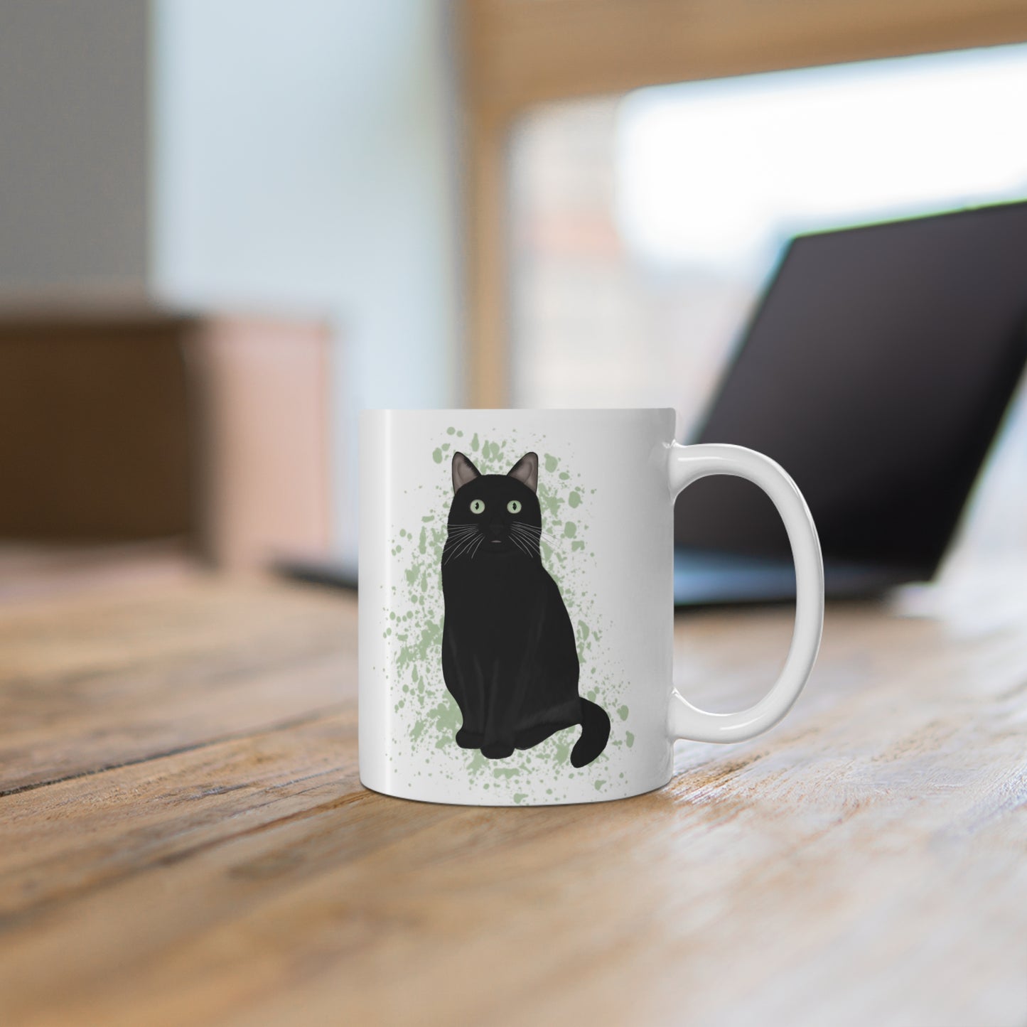 Black Cat with Green Eyes Cat Lover Ceramic Mug White