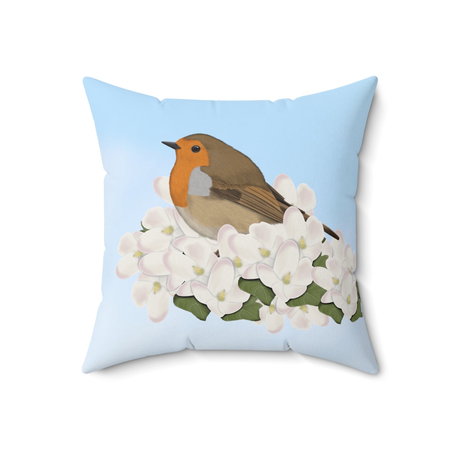 Robin and Apple Blossoms Bird Throw Pillow 16"x16"