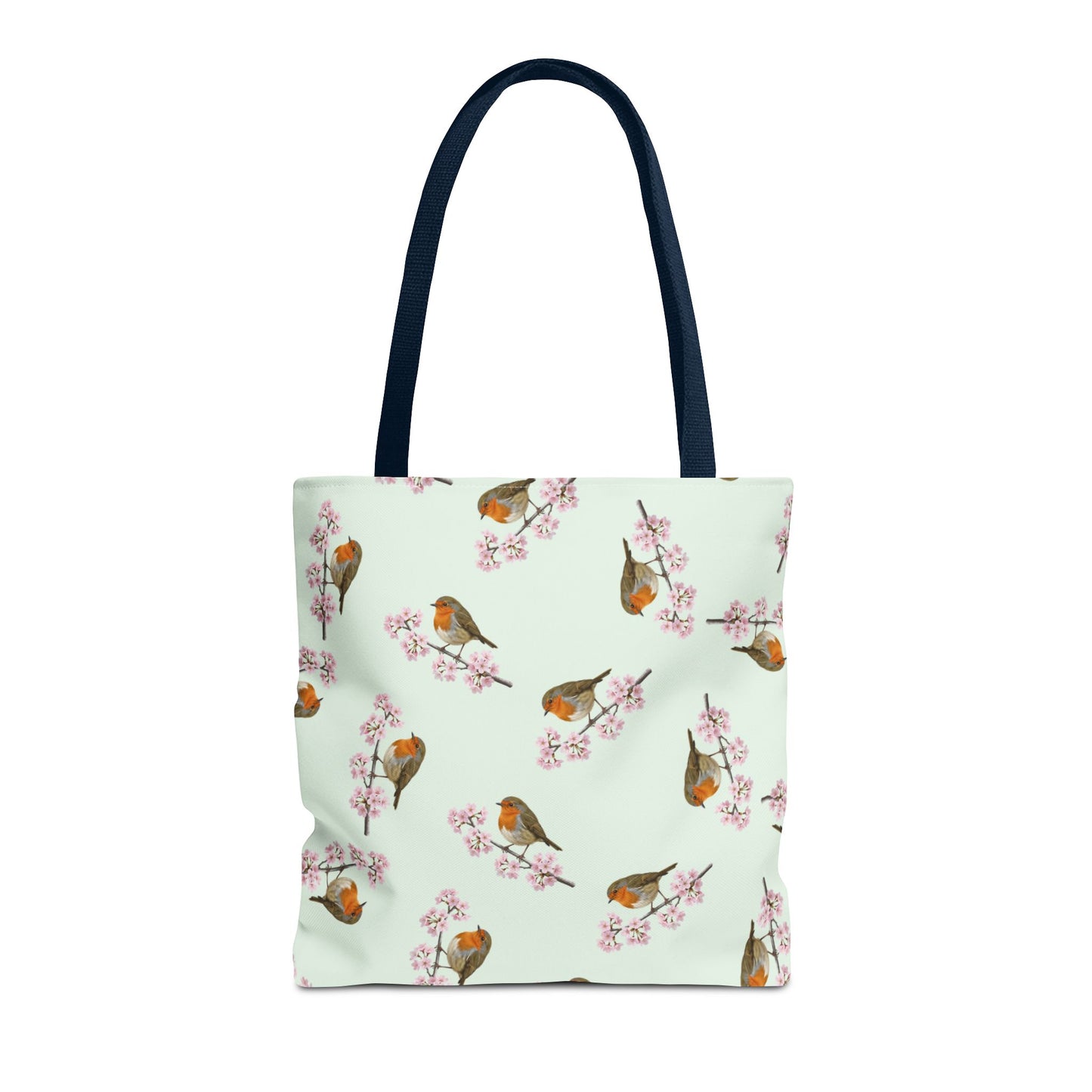 Rotkehlchen & Kirschblüten Tragetasche in Salbeigrün | Stofftasche & Geschenk für Vogelbeobachter
