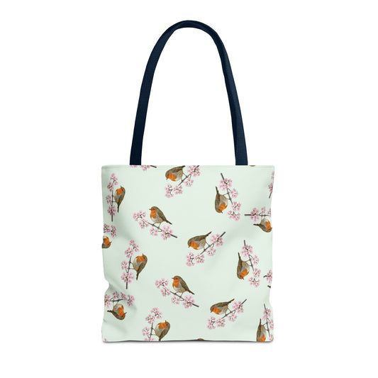 Rotkehlchen & Kirschblüten Tragetasche in Salbeigrün | Stofftasche & Geschenk für Vogelbeobachter