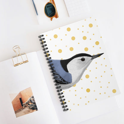 Nuthatch Bird Birdlover Spiral Notebook White Golden Dots Ruled Line 6"x8"