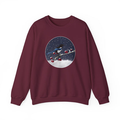 Magpie on a Winter Branch Christmas Bird Sweatshirt