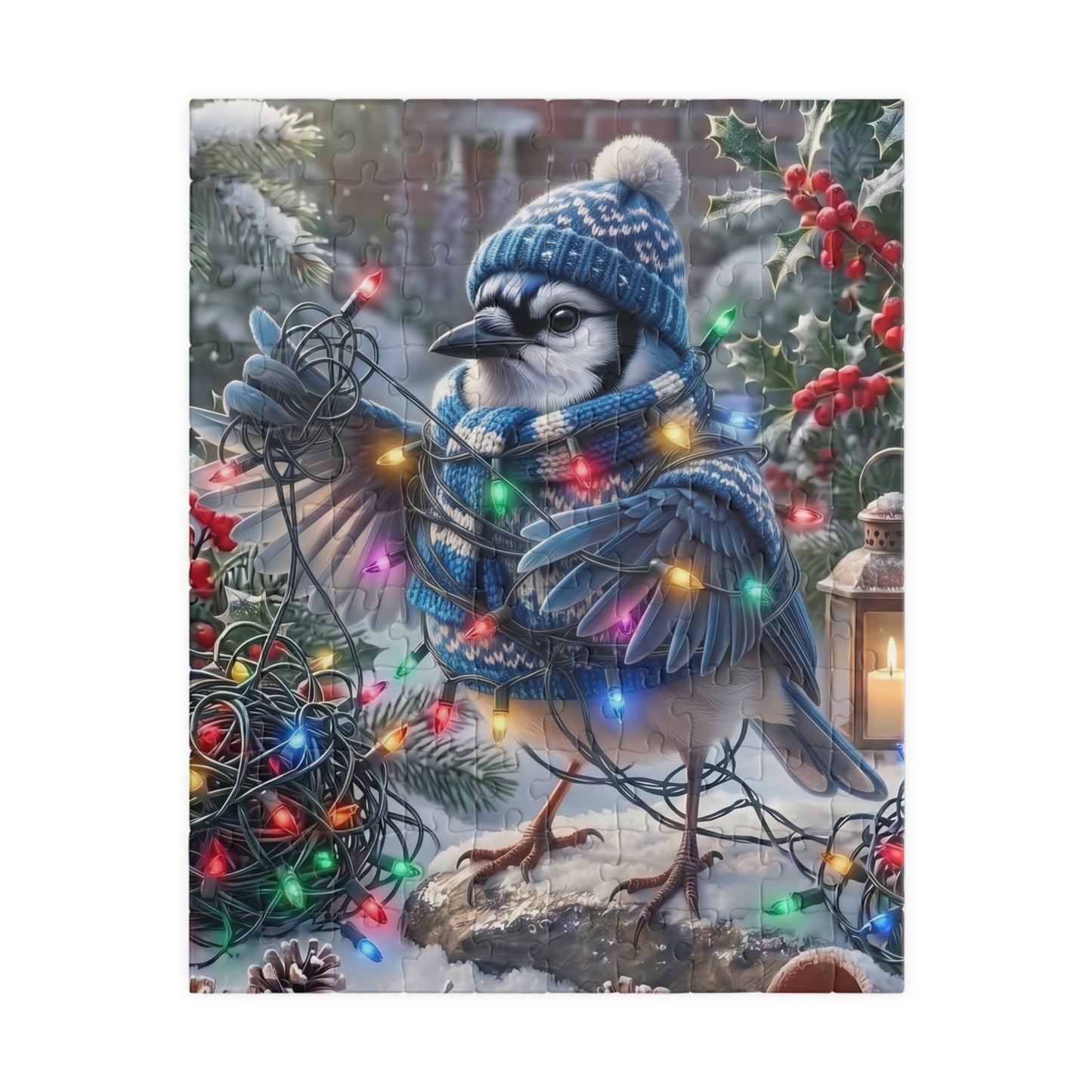 A square puzzle featuring a blue jay wearing a blue knit hat and scarf, standing in snow with colorful holiday lights, holly, pinecones, and a lantern.