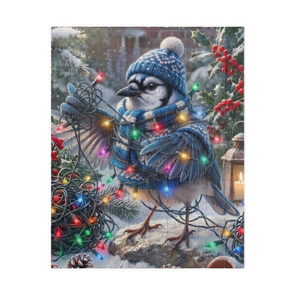 A square puzzle featuring a blue jay wearing a blue knit hat and scarf, standing in snow with colorful holiday lights, holly, pinecones, and a lantern.