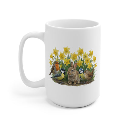 Kaninchen Rotkehlchen Meisen Zaunkönig mit Osterglocken Tasse - Oster-Geschenk für Vogelfreunde
