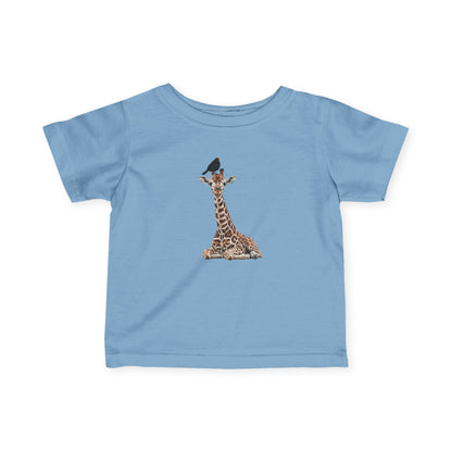 Süße Baby Giraffe mit Amsel Vogel Tiermotiv T-Shirt für Babys und Kleinkinder