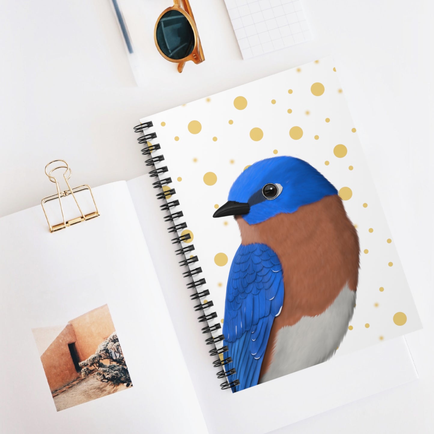 Bluebird Bird Birdlover Spiral Notebook White Golden Dots Ruled Line 6"x8"