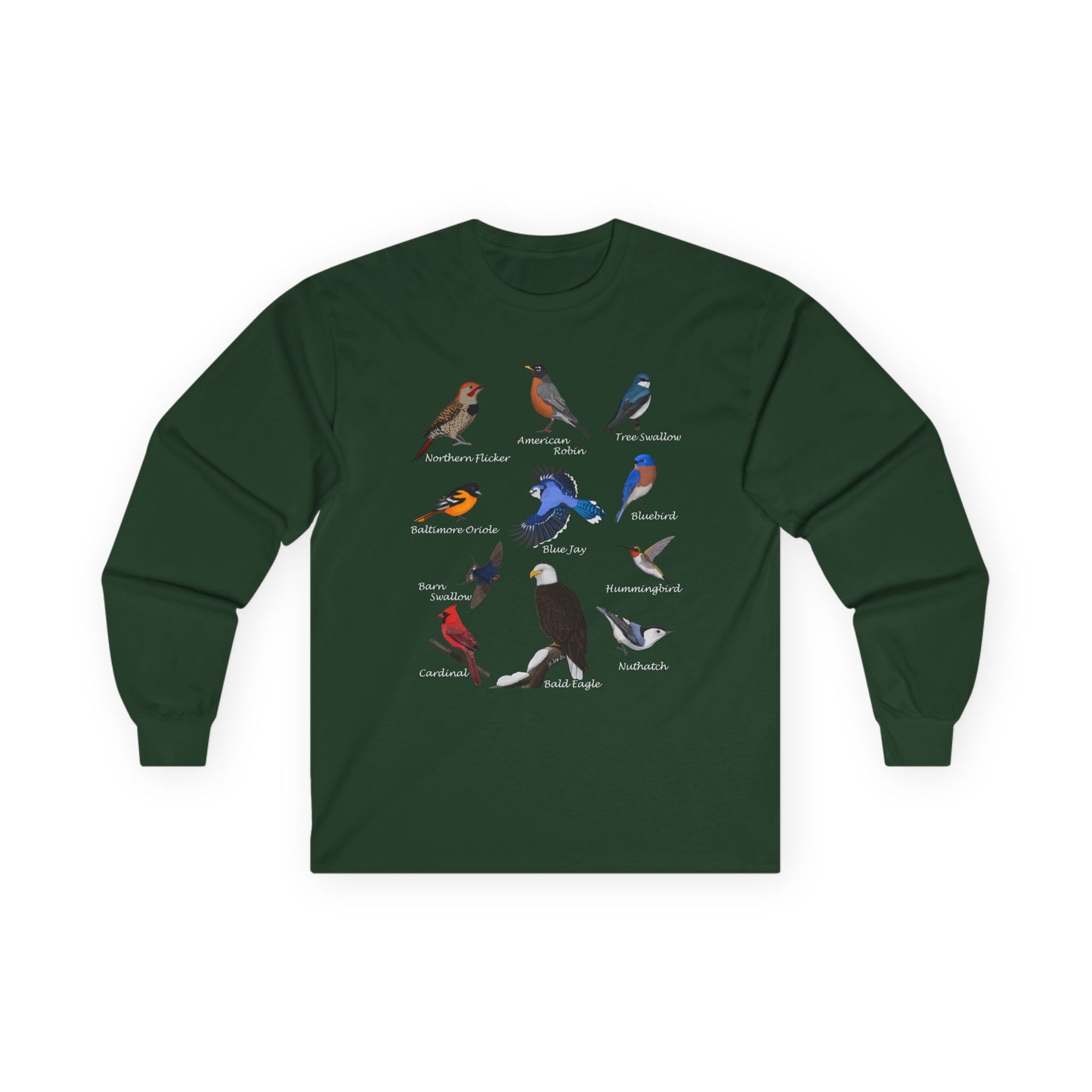 Bald Eagle Blue Jay Cardinal Robin on a Branch Birdwatching Cotton Long Sleeve T-Shirt