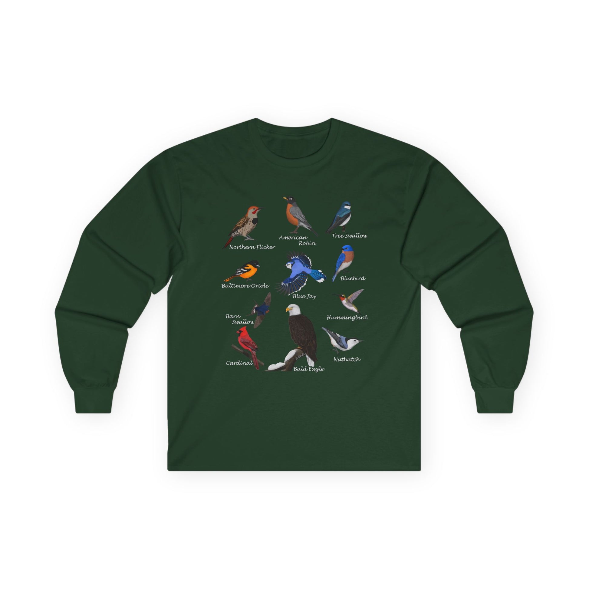 Bald Eagle Blue Jay Cardinal Robin on a Branch Birdwatching Cotton Long Sleeve T-Shirt – Bird Graphic Tee, Long-sleeve