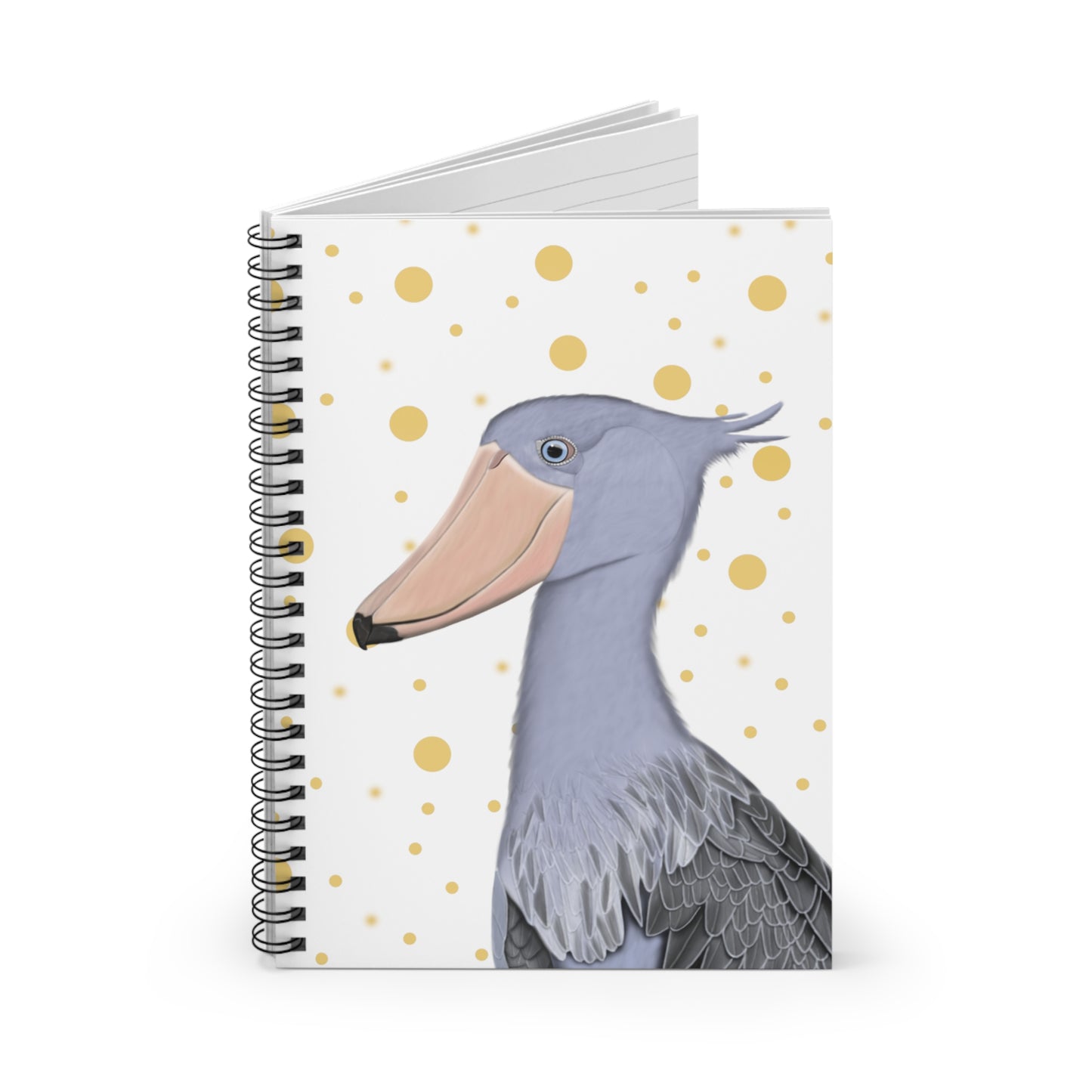 Shoebill Bird Birdlover Spiral Notebook White Golden Dots Ruled Line 6"x8"