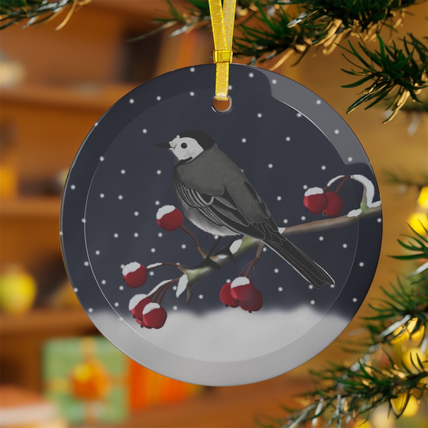 White Wagtail on a Winter Branch Christmas Bird Glass Ornament