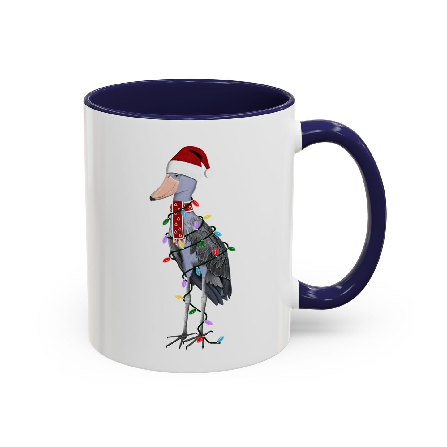サンタクロースのハシビロコウとフェアリーライトの陶器製バードコーヒーマグ – バードウォッチャーへのカスタムギフト