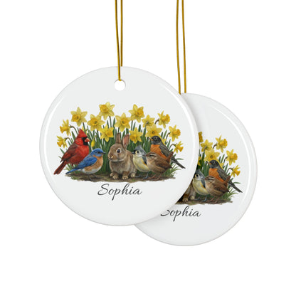 Personalized Bunny & Birds — Custom Name Ceramic Easter Basket Tag & Ornament