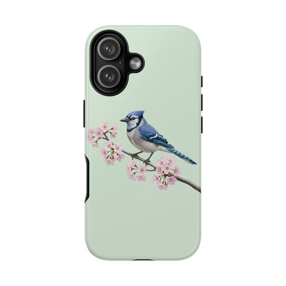 Blauhäher Handyhülle in Salbeigrün | Florales Kirschblüten Vogel-Motiv für iPhone & Google Pixel