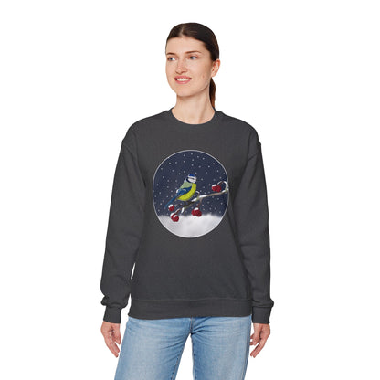 Blue Titmouse on a Winter Branch Birdwatcher Christmas Bird Sweatshirt