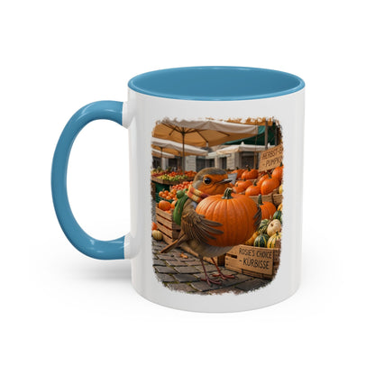 Premium Keramiktasse Rosi Rotkehlchen & der Riesen-Kürbis | 330 ml | Lustiges Geschenk für Vogelfreunde