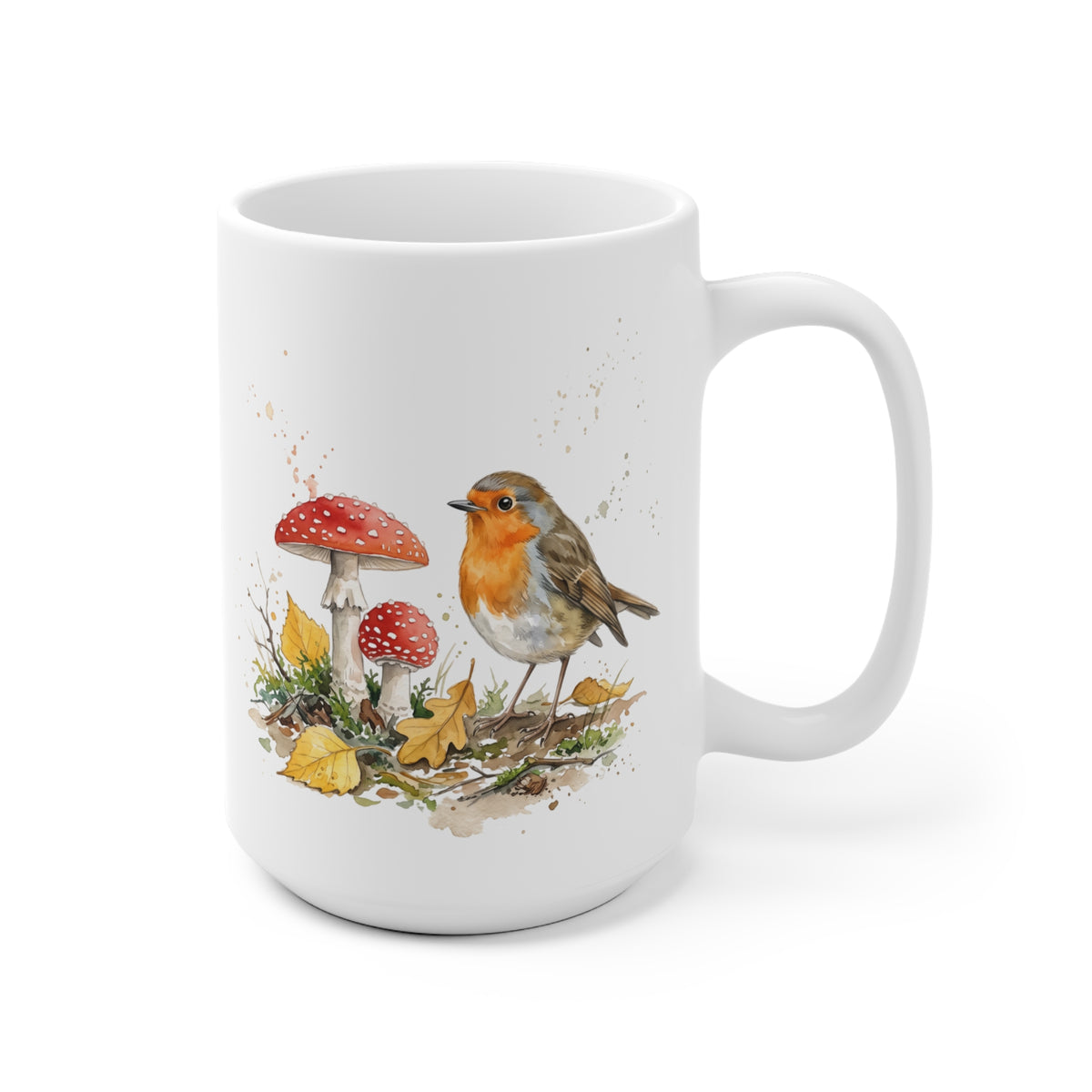 Rotkehlchen Herbst-Tasse – Gemütlicher Kaffeebecher mit Laub & Fliegenpilzen