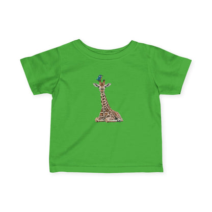 Süße Baby Giraffe mit Eisvogel Vogel Tiermotiv T-Shirt für Babys und Kleinkinder