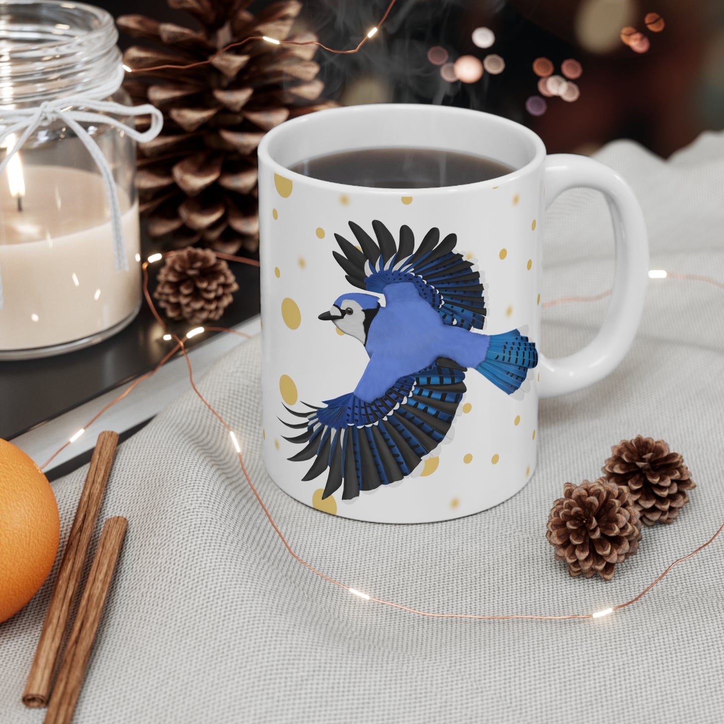 Blue Jay Bird Ceramic Mug White Golden Dots 11oz