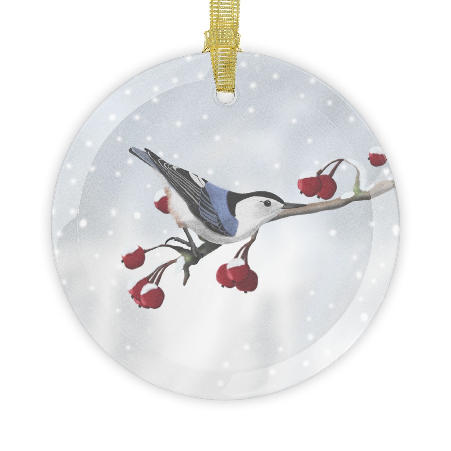 Nuthatch Snow Bird Christmas Glass Ornament