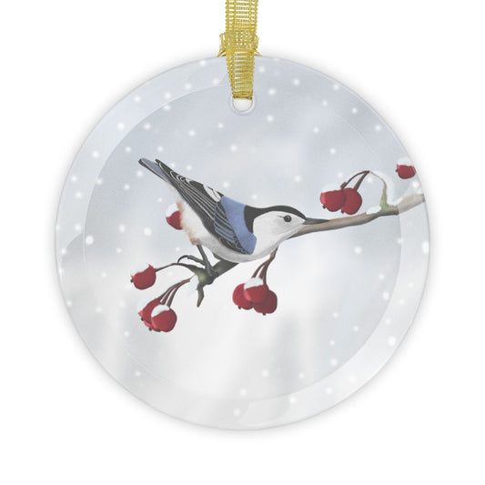 Nuthatch Snow Bird Christmas Glass Ornament