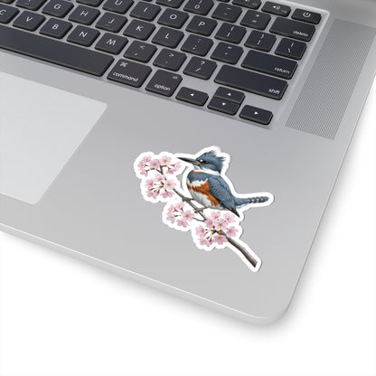 Belted Kingfisher Cherry Blossom Sticker | Glossy Floral Bird Decal | Spring Laptop Sticker