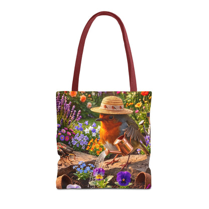 Niedliche Rotkehlchen Stofftasche beim Blumen gießen | Gemütlicher Garten-Shopper