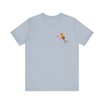 Sun Conure Cherry Blossom T-Shirt | Floral Spring Tee for Bird Lovers